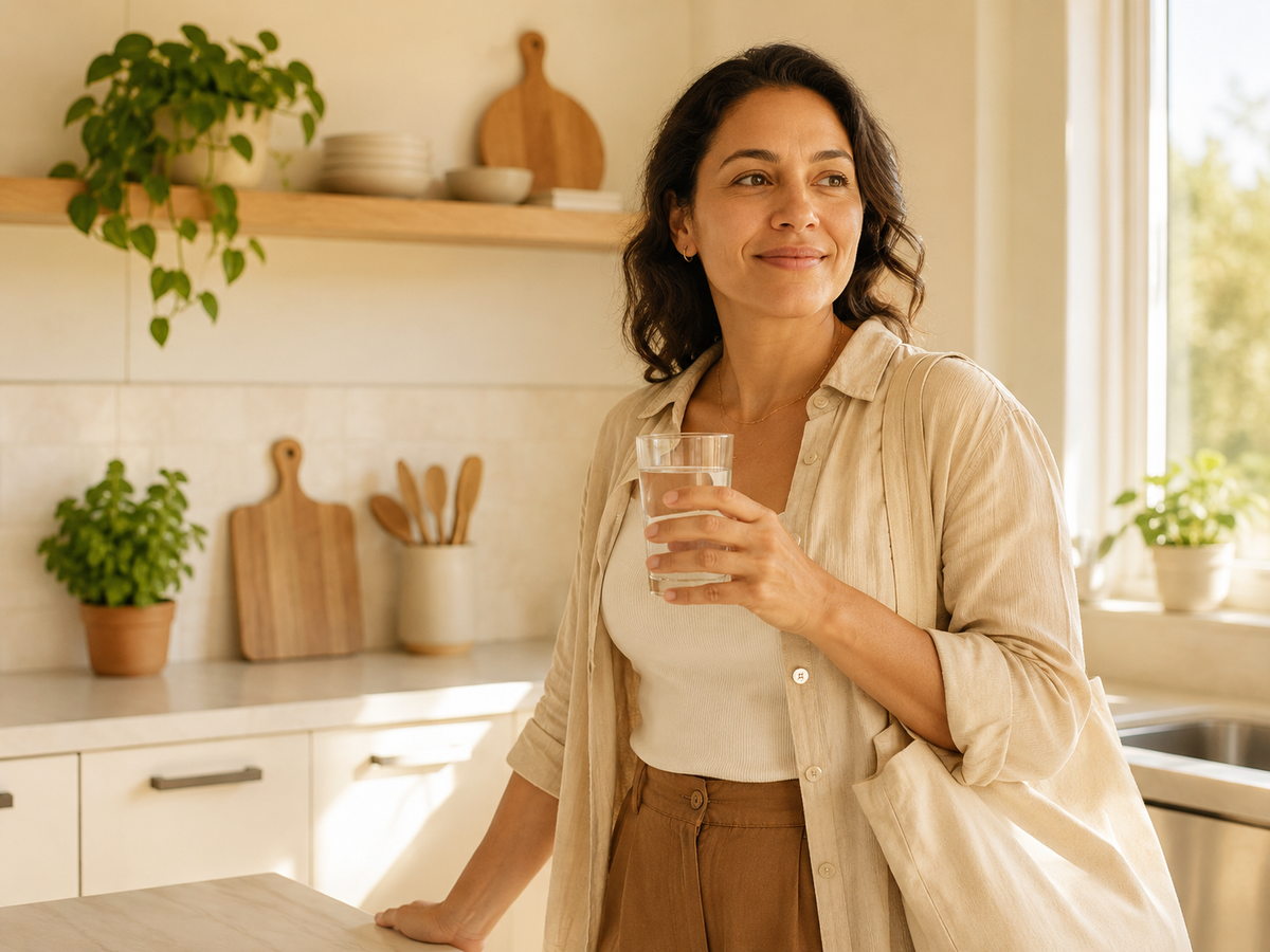 A calm, energized woman in a sunlit kitchen, glass of water in hand