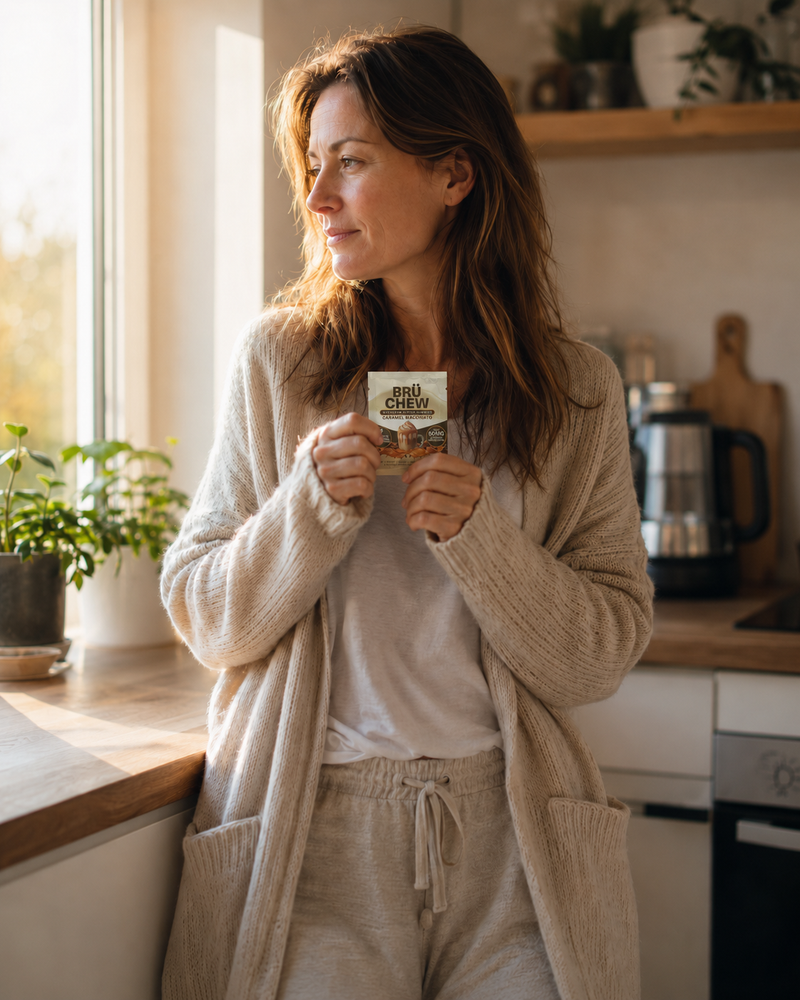 Woman on a GLP-1 holding a BrüChew sachet in a sunlit kitchen, calm and energized