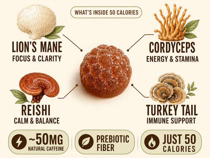 What's inside a 50-calorie serving: four functional mushrooms, prebiotic fiber, and ~50mg natural caffeine