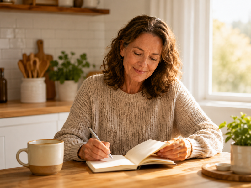 Woman journaling with calm, clear focus at a sunlit kitchen table