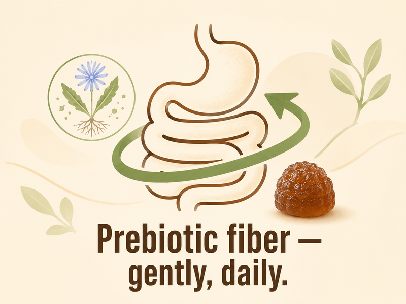 Digestion infographic: prebiotic fiber keeps things moving, with BrüChew chews