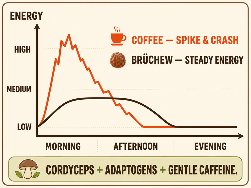 Energy curve: BrüChew steady energy vs the coffee spike-and-crash across the day