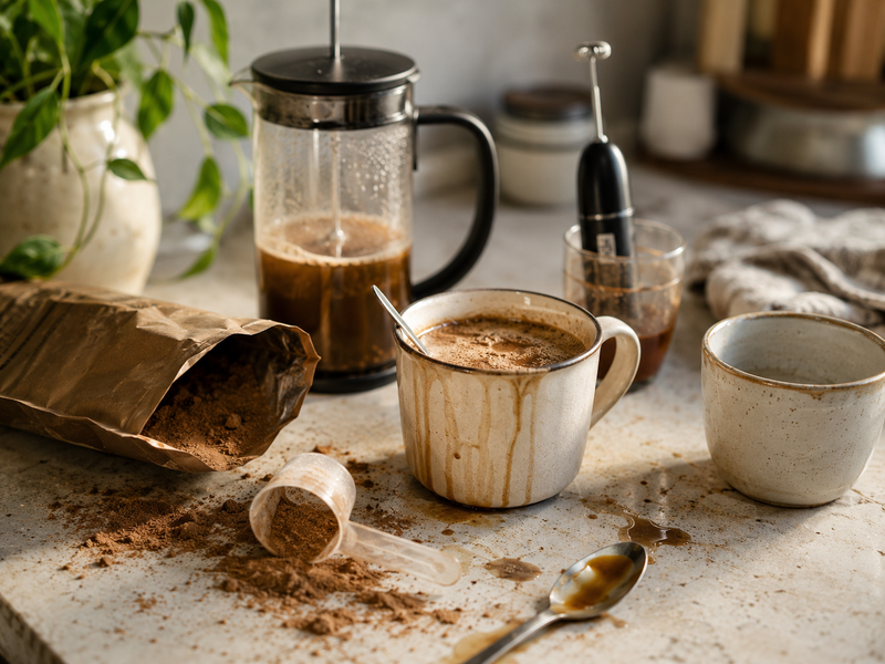 The messy mushroom-coffee brewing routine BrüChew replaces: spilled powder, French press, drips