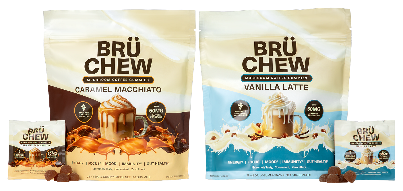 BruChew Caramel Macchiato and Vanilla Latte pouches with sachets and gummies