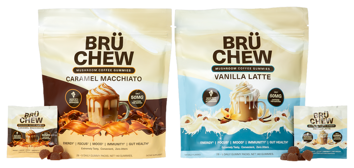 The Brüchew lineup: Vanilla Latte and Caramel Macchiato sachets